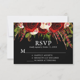 Black Burgundy Floral Boho Wedding RSVP Karte