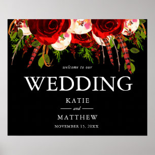 Black Burgundy Floral Boho Willkommen bei unserer  Poster