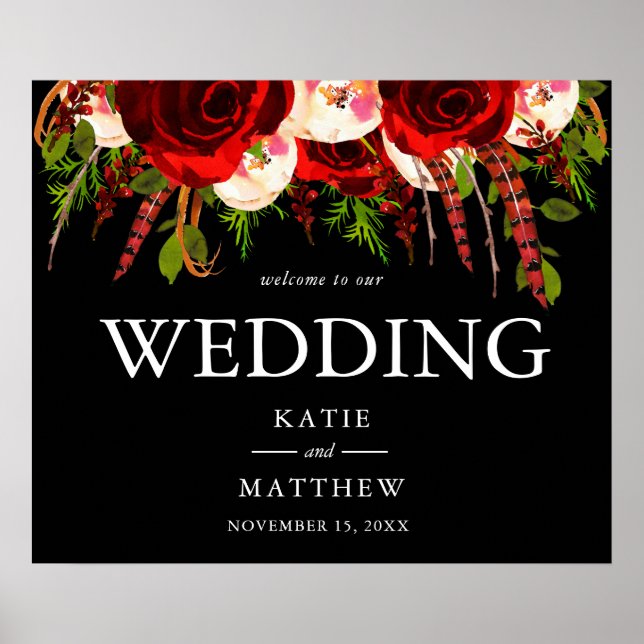 Black Burgundy Floral Boho Willkommen bei unserer  Poster (Vorne)