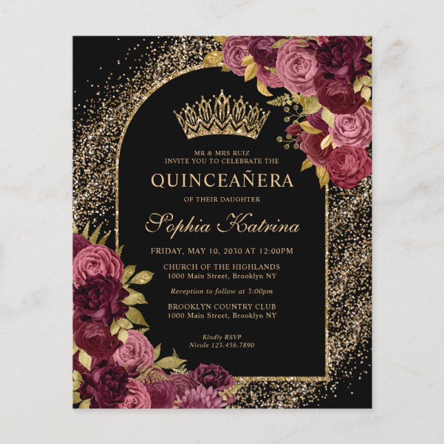 Black Burgundy Glam Gold Floral Quinceanera (Vorderseite)