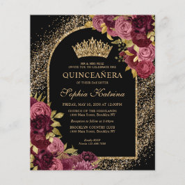 Black Burgundy Glam Gold Floral Quinceanera
