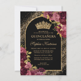 Black Burgundy Glam Gold Floral Quinceanera Mitteilungskarte