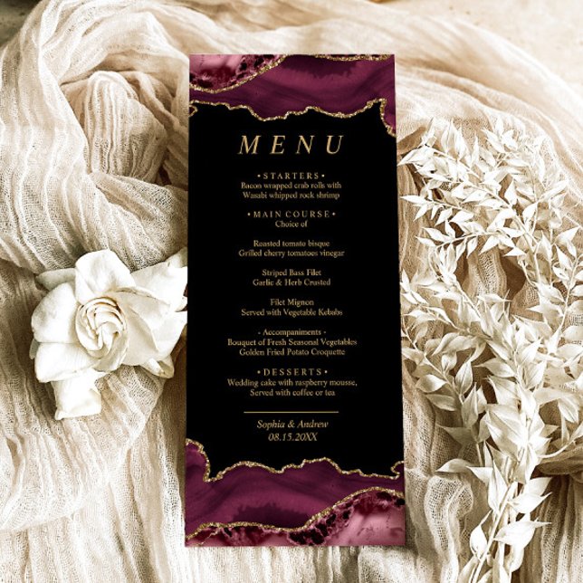 Black & Burgundy Gold Calligraphy Wedding Menu Menükarte (Von Creator hochgeladen)