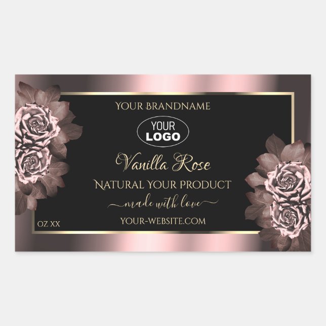 Black Burgundy Gold Product Labels Pink Roses Logo Rechteckiger Aufkleber (Vorderseite)