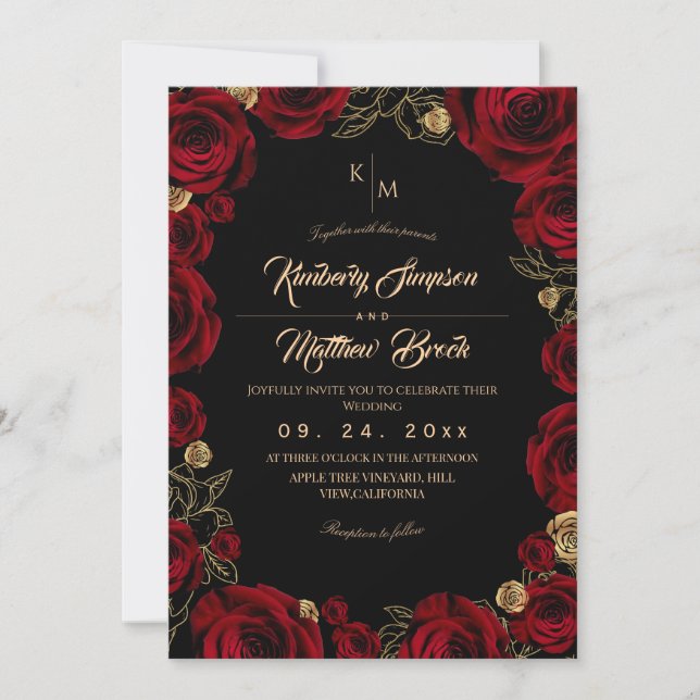 Black Burgundy⎮ Gold Rose Floral Boho Wedding Einladung (Vorderseite)