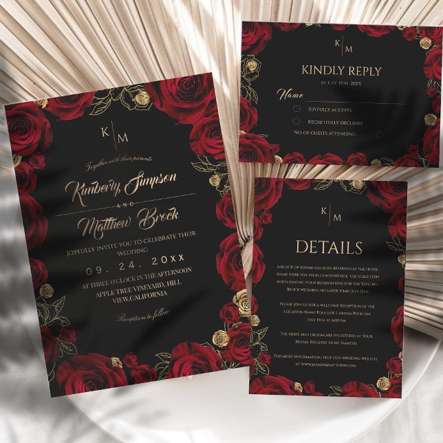 Black Burgundy⎮ Gold Rose Floral Boho Wedding Einladung (Von Creator hochgeladen)