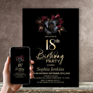 Black Burgundy Gray Floral 18. Geburtstagsparty Einladung