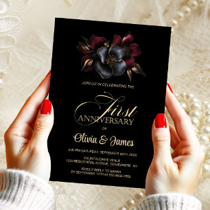 Black Burgundy Gray Floral 1. Hochzeitstag Einladung