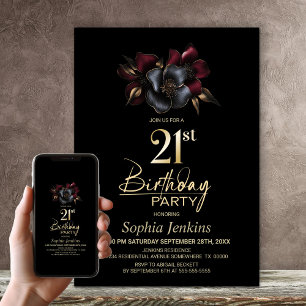 Black Burgundy Gray Floral 21. Geburtstag Party Einladung