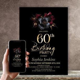 Black Burgundy Gray Floral 60. Geburtstagsparty Einladung