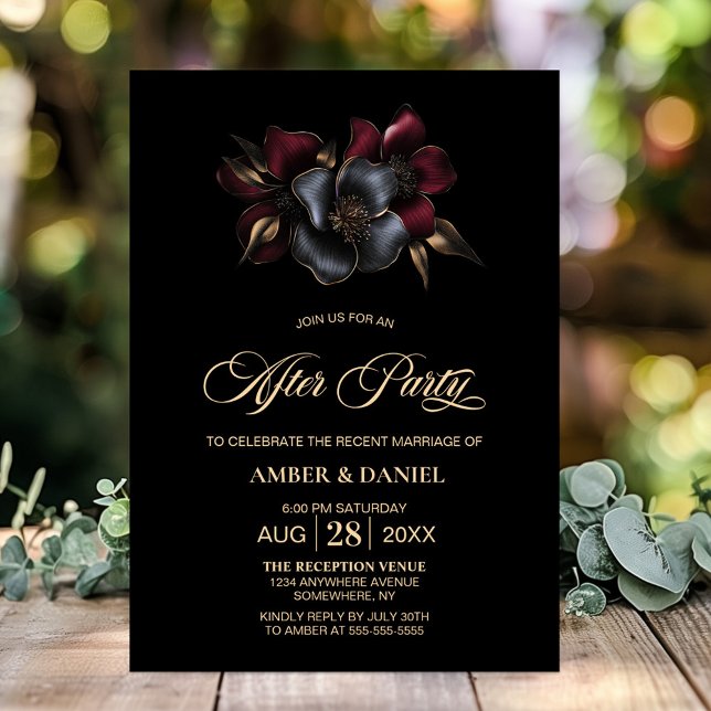 Black Burgundy Gray Floral Wedding After Party Einladung (Von Creator hochgeladen)