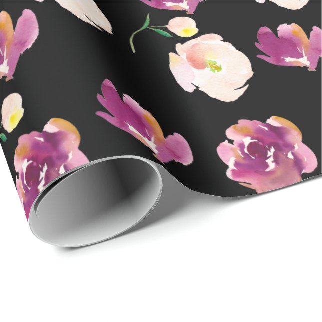 Black Burgundy Peach Floral Geschenkpapier (Rolleneckpunkt)