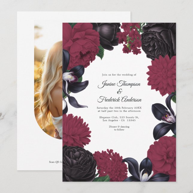 Black & Burgundy Photo/QR Code Floral Wedding Einladung (Vorne/Hinten)