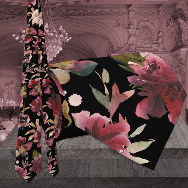 Black & Burgundy Raspberry Pink Peony Wedding Krawatte (Von Creator hochgeladen)