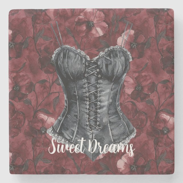 Black Burgundy Red Corset Steinuntersetzer (Vorderseite)