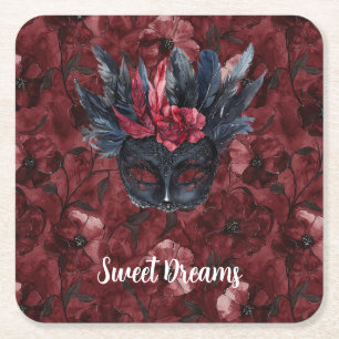 Black Burgundy Red Feathers Mask Brautparty Rechteckiger Pappuntersetzer