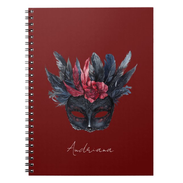 Black Burgundy Red Feathers Maske Notizblock (Vorderseite)