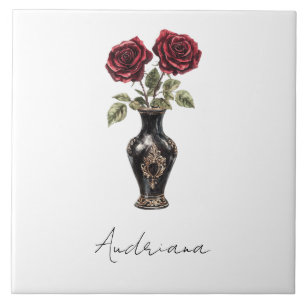 Black Burgundy Red Floral Vase Fliese