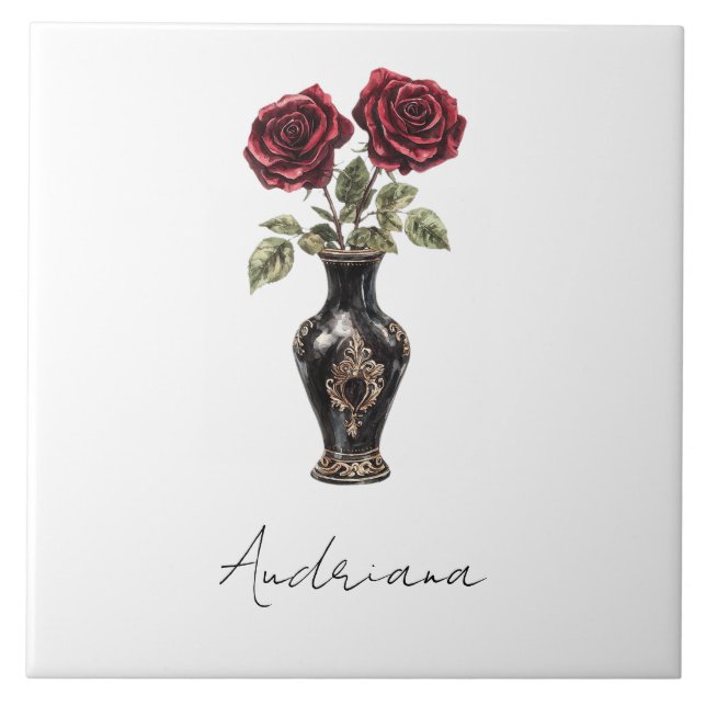 Black Burgundy Red Floral Vase Fliese (Vorderseite)