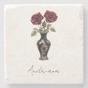 Black Burgundy Red Floral Vase Steinuntersetzer