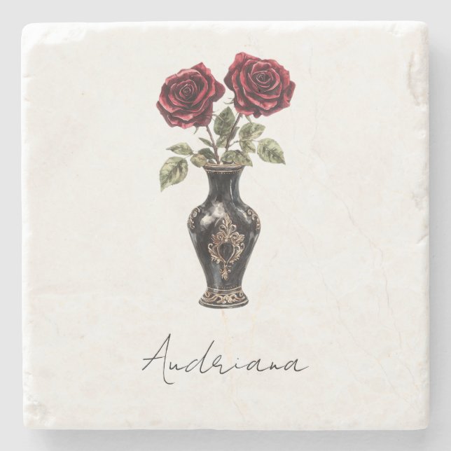 Black Burgundy Red Floral Vase Steinuntersetzer (Vorderseite)