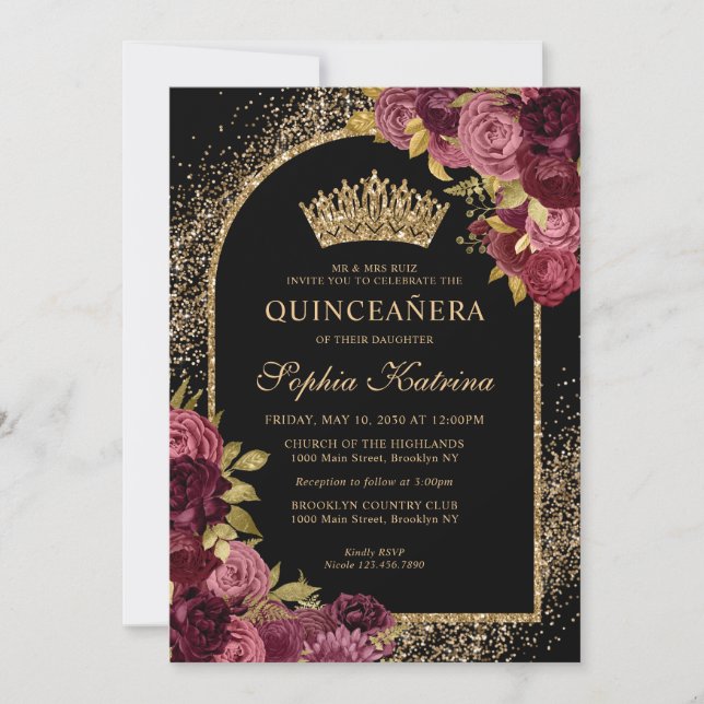 Black Burgundy Red Gold Glitzer Floral Quinceanera Einladung (Vorderseite)