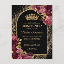Black Burgundy Red Gold Glitzer Floral Quinceanera Einladungspostkarte
