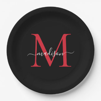 Black Burgundy Red Monogram Modernes, elegantes Sk Pappteller
