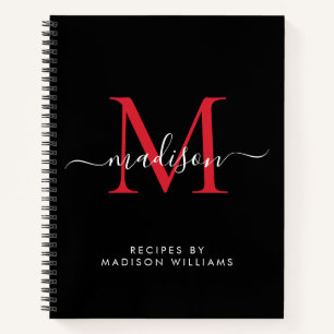 Black Burgundy Red Monogram Script Name Rezept Notizbuch