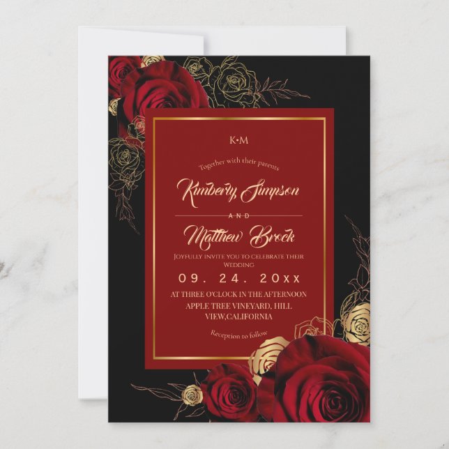 Black Burgundy Roses Boho Wedding Einladung (Vorderseite)