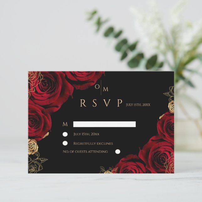 Black Burgundy Roses Wedding RSVP card (Stehend Vorderseite)