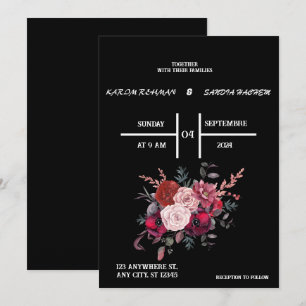 Black Burgundy und Gold Floral Moderne Boho Weddin Einladung