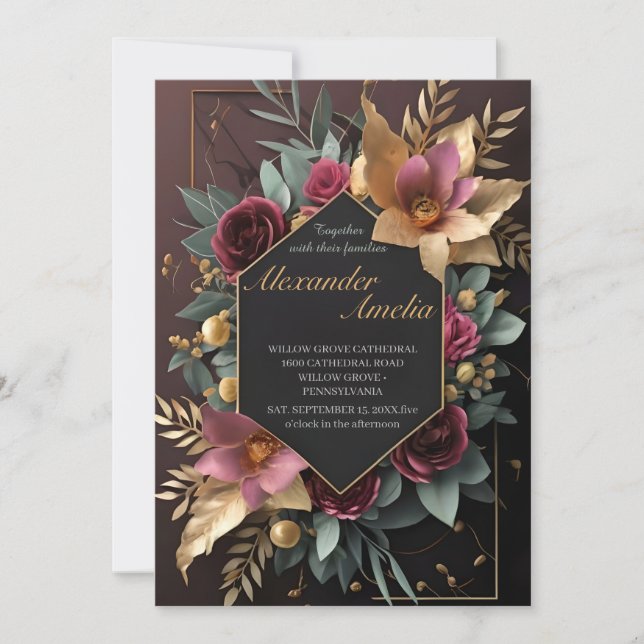 Black Burgundy und Gold Floral Moderne Boho Weddin Einladung (Vorderseite)