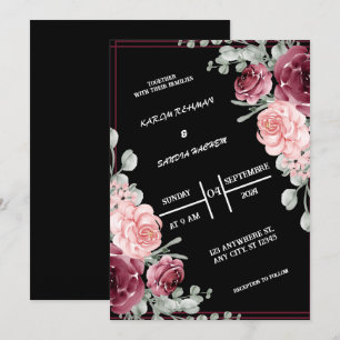Black Burgundy und Gold Floral Moderne Boho Weddin Einladung