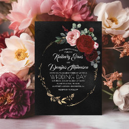 Black Burgundy und Gold Floral Moderne Boho Weddin Einladung