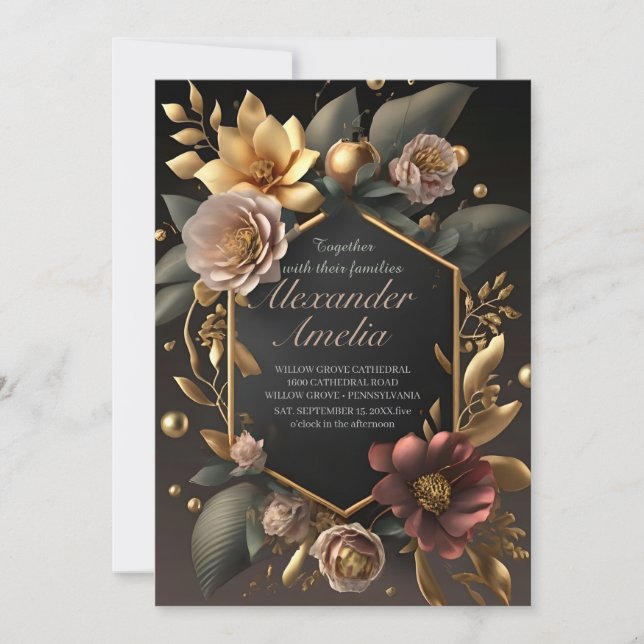 Black Burgundy und Gold Floral Moderne Boho Weddin Einladung (Vorderseite)