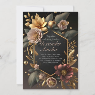 Black Burgundy und Gold Floral Moderne Boho Weddin Einladung