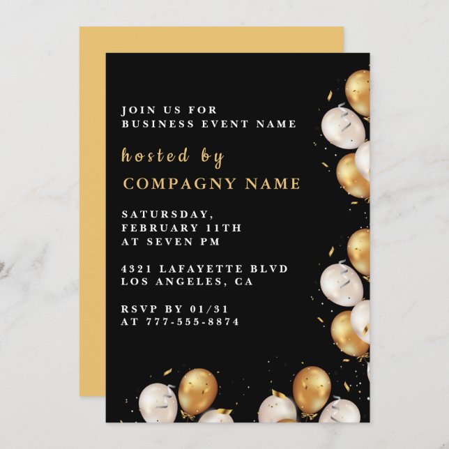 Black Business Party laden Gold Ballon ein Einladung (Vorne/Hinten)