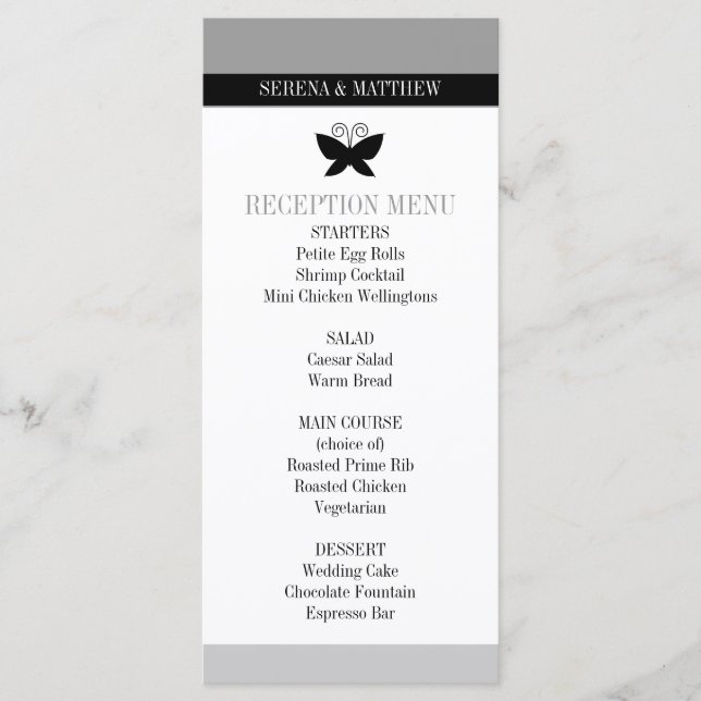 Black Butterfly Wedding Menu Menükarte (Vorderseite)