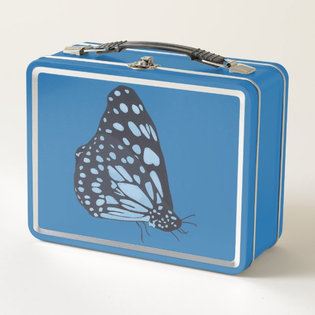 Black butterfly with blue spots, metal lunch boxes metall brotdose (Vorderseite)