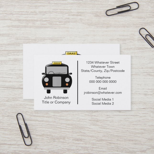 Black Cab Design Taxi Treiber Visitenkarte (Vorderseite/Rückseite Beispiel)