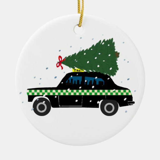 Black Cab Taxi Weihnachtsbaum Zeichnend Schnee Keramik Ornament (Vorne)