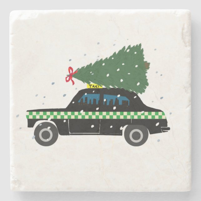 Black Cab Taxi Weihnachtsbaum Zeichnend Schnee Steinuntersetzer (Vorderseite)