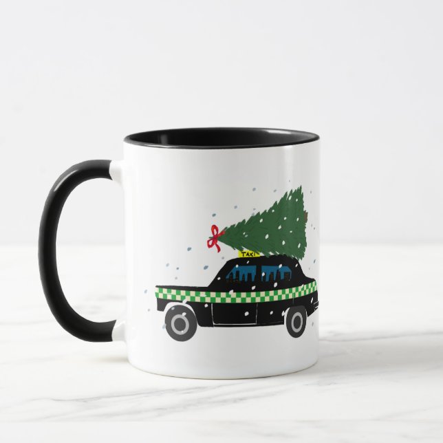 Black Cab Taxi Weihnachtsbaum Zeichnend Schnee Tasse (Links)