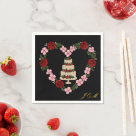 Black cake Topper napkin with a pink and red heart Serviette