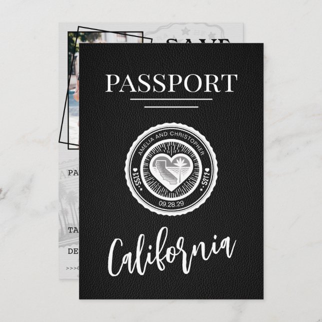 Black California Passport Save the Date (Vorne/Hinten)