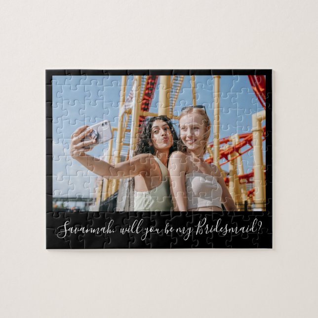 Black Calligraphy Custom Foto Bridesmaid Vorschlag Puzzle (Horizontal)