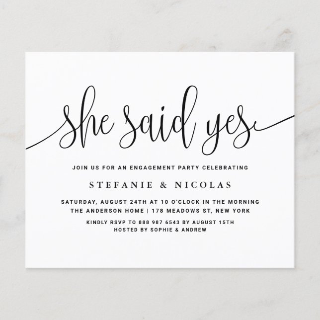 Black Calligraphy Sie sagte Yes Engagement Party (Vorderseite)