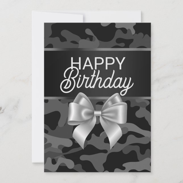 Black Camouflage & Bow Happy Birthday Card Einladung (Vorderseite)