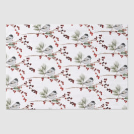 Black Cap Chickadees Kiefernzweige & Red Berries Seidenpapier